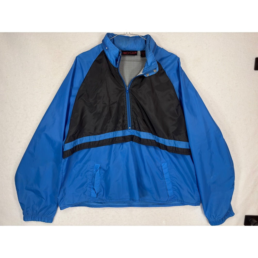Vintage Pro Club Windbreaker Jacket XL Blue Black Color Block 1/4 Zip Pullover